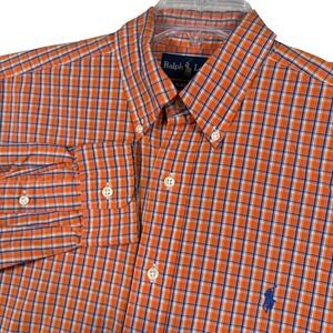 Ralph Lauren Classic Fit Plaid Orange Blue Check Button Down Shirt Mens Medium